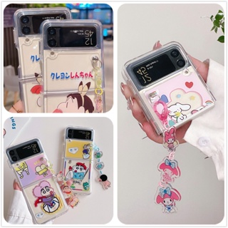 SANRIO เคสโทรศัพท์มือถือ PC แข็ง แบบใส กันกระแทก ลายการ์ตูนชินจัง พร้อมสายคล้อง สําหรับ Samsung Galaxy Z Flip 3 4 5G