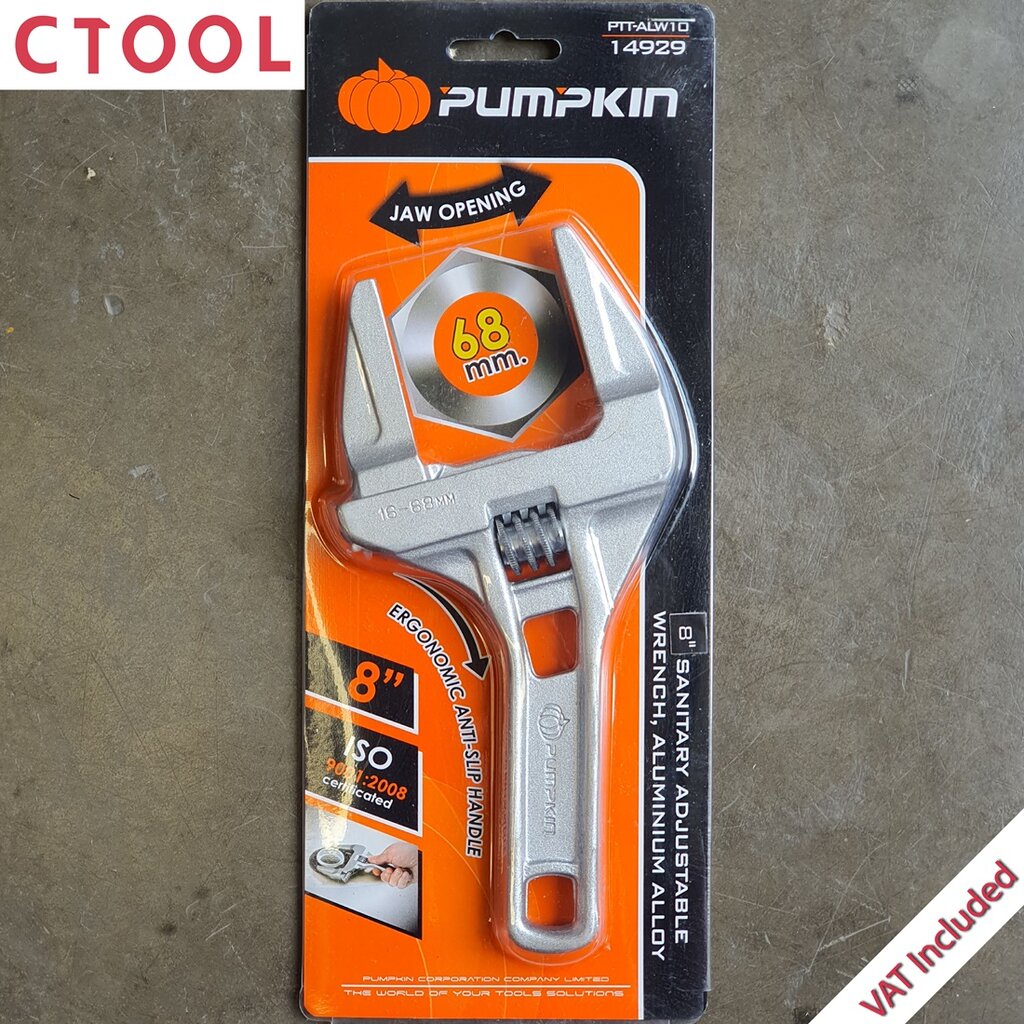 ประแจเลื่อนอลูมิเนียมปากกว้าง 68mm ตัวยาว 8 นิ้ว Pumpkin PTT-ALW10 ของแท้ - Authentic Sanitary Adjustable Wrench, Alu...