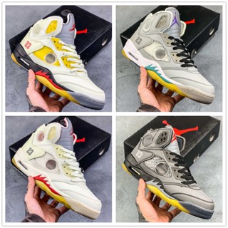 รองเท้าบาสเก็ตบอลบุรุษและสตรี Air Jordan 5 X Off White Co / รองเท้าบาสเก็ตบอลยี่ห้อ CO 3M สะท้อนแสง