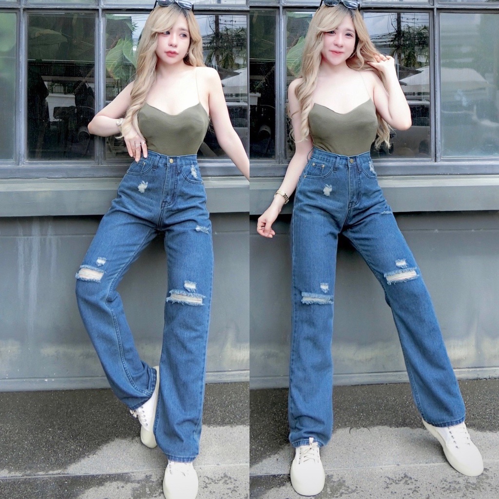 C jeans กางเกงยีนส์ผู้หญิง no 219 ทรงกระบอก เอวสูง แต่งขาด