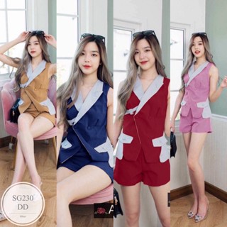 ML230 Set 2 ชิ้น เสื้อแขนกุดคอปก แต่งสายคาดอกเข็มขัดปั้ม มาพร้อมกางเกงขาสั้นแต่งแมทซ์กันลงตัวสุดๆโทนสีสดใส ทรงสุดฮิต เ