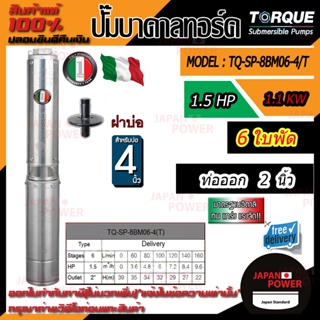 TORQUE ปั๊มบาดาล รุ่น TQ-SP-8BM06-4T 380V บ่อ4นิ้ว 1.5HP 6ใบ ท่อออก2นิ้ว ลงบ่อ4-6นิ้ว (สายไฟ3X1.5 50เมตร+ฝาบ่อ 2นิ้ว)