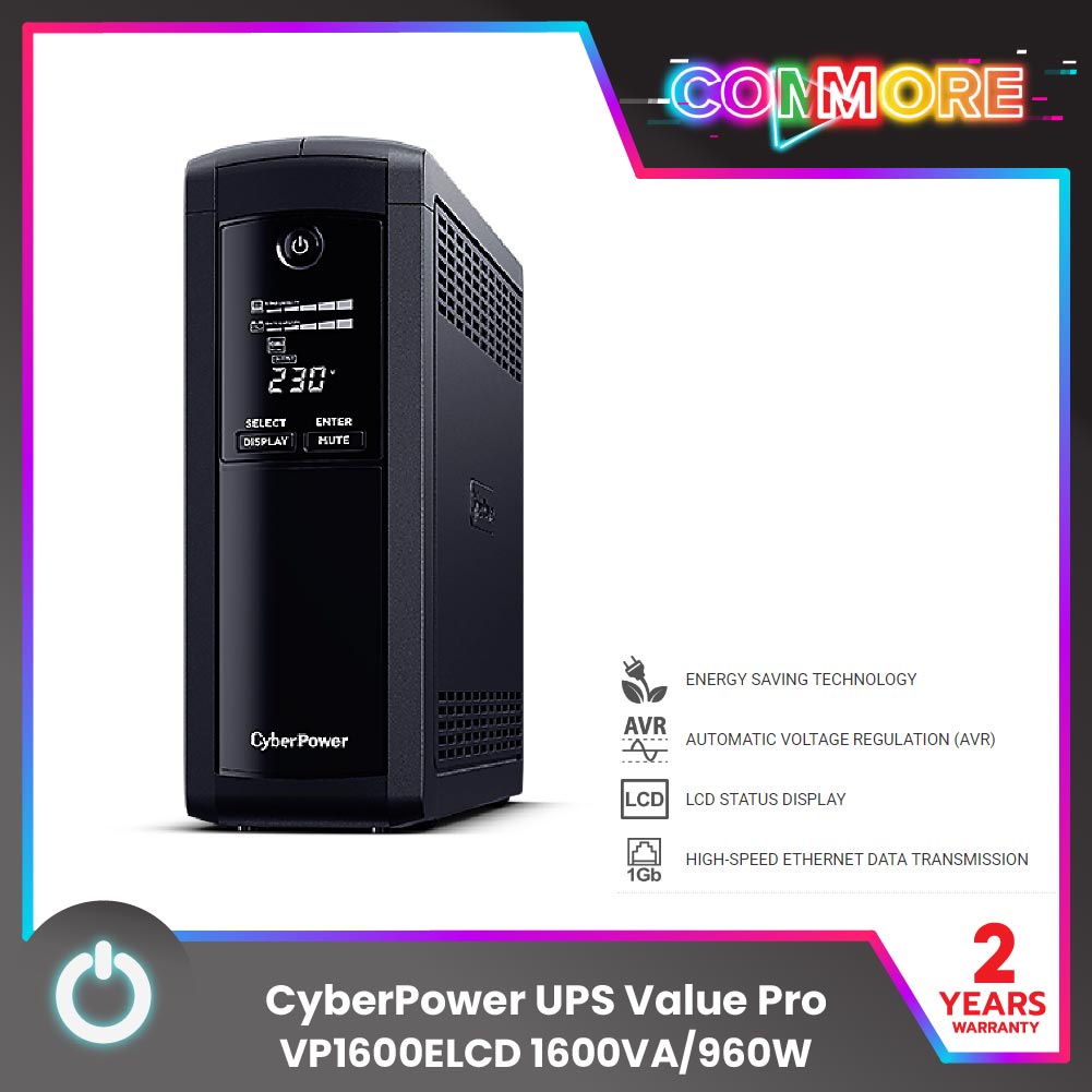CyberPower UPS Value Pro VP1600ELCD (เครื่องสำรองไฟฟ้า) 1600VA/960W เหมาะสำหรับคอมพิวเตอร์สำนักงาน/เ