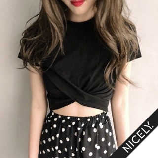 NICELY.【08】เสื้อยืด T-shirt เสื้อครอปทอป แฟชั่นฤดูร้อน เสื้อไขว้ด้านหน้า สมัยใหม่ เสื้อผ้าสำหรับผู้หญิง