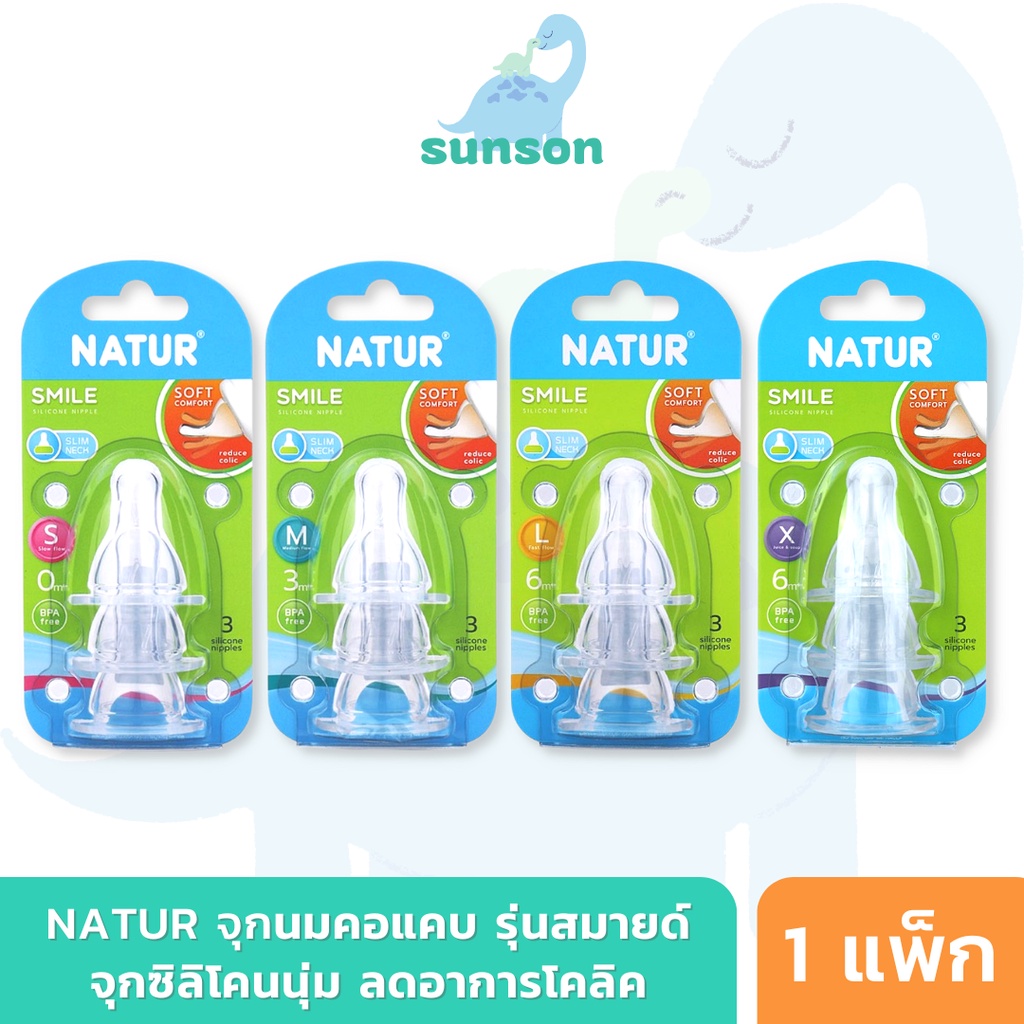 Natur จุกนมคอแคบ รุ่น Smile (แพ็ก 3 ไซส์ S/M/L) จุกนมเด็ก เนเจอร์