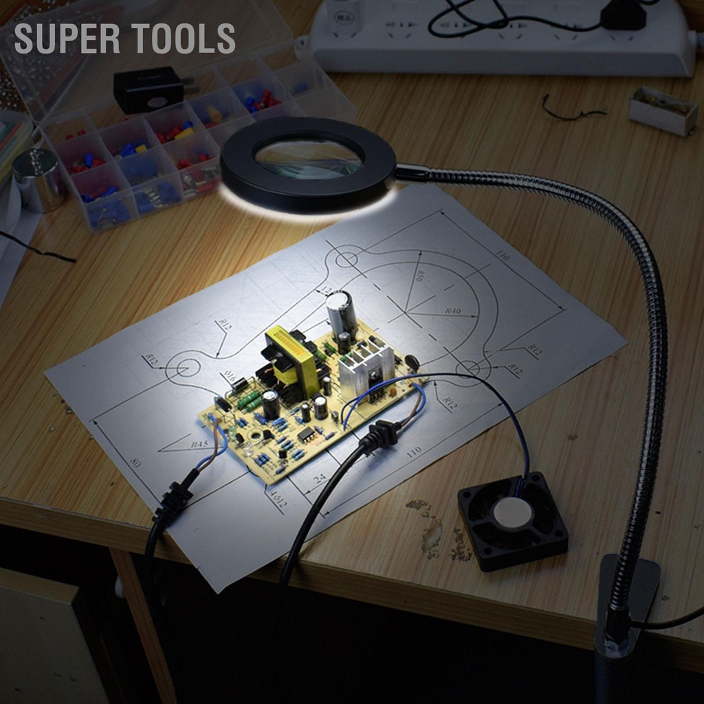 SUPER TOOLS Clamp Magnifying Lamp USB LED Lighted Glass 11 Levels