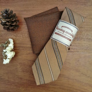 Tie Set - Necktie Set Sand Brown Stripe with Orange Brown Pocket Square