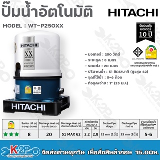 HITACHI ปั๊มน้ำอัตโนมัติ รุ่น WT-P250XX รุ่นใหม่ล่าสุด XX SERIES ประหยัดไฟเบอร์5 ทำงานเงียบ รับประกับมอเตอร์ 10ปี