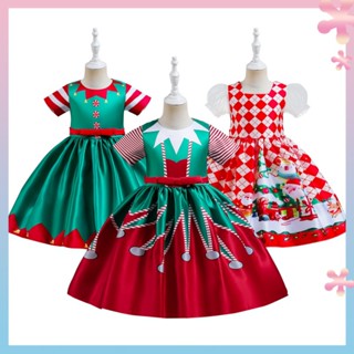 Christmas new European and American girls dress short-sleeved printed princess dress childrens Christmas performance dance performance dress