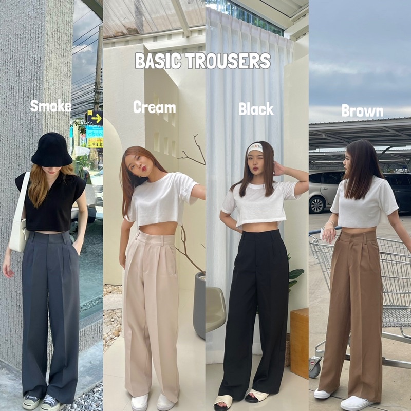 Basic trousers กางเกงเอวสูงขากระบอกใหญ่ 15สี(nita.bkk)