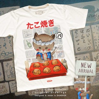 T-shirt 🔥 Cat Takoyaki T-shirt เสื้อยืด สีขาวออฟไวท์ ลายแมวทาโกะยากิ 🔥 S-5XL