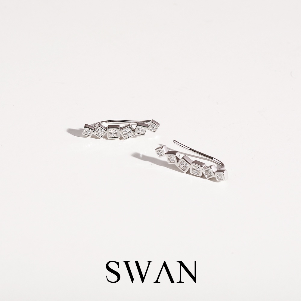 [ส่งด่วนฟรี]SWAN - Stone Bezel Earring ต่างหูเงินแท้ ฝังเพชรคิวบิกเซอร์โคเนีย cubic zirconia