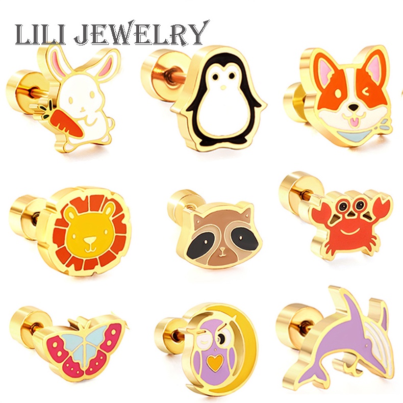 LiLi สแตนเลส 18K Gold Plated Silver สกรูต่างหูผู้หญิงเด็ก Anti-allergy น่ารัก Coloful สัตว์หูสตั๊ดต่างหูกระต่าย Penguin สุนัข BFF เครื่องประดับ
