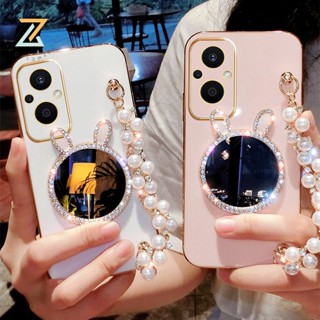 Zymello เคส OPPO Reno 8Z 5G Reno 7Z 5G Reno6 Z 5G Reno 5 5G Reno 7 5G Reno 6 5G Reno 4 4G เคสโทรศัพท์ซิลิโคนสร้อยข้อมือกระจกกระต่ายหรูหราระดับพรีเมียม