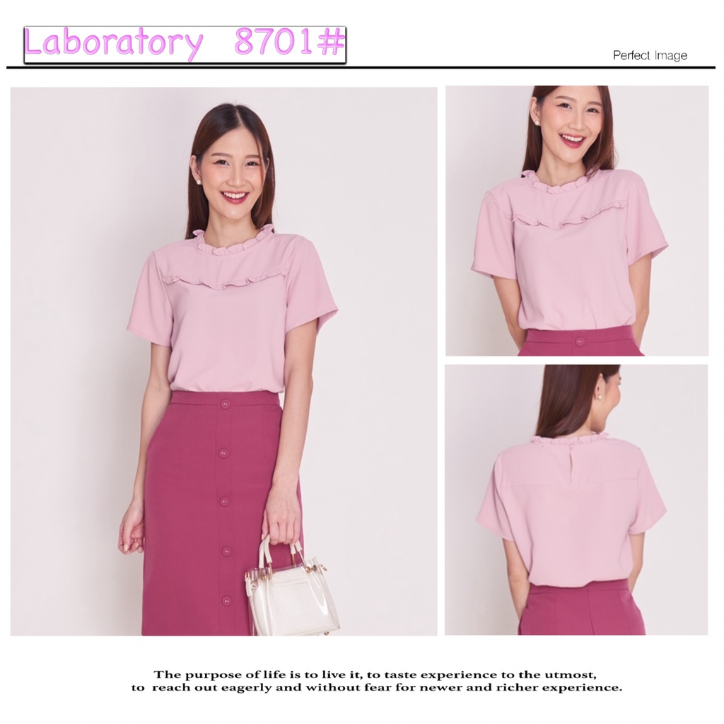 *Laboratory* 8701#  เสื้อคอกลมจีบคอ แขนสั้น ติดกระดุมหลัง