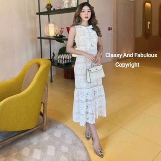 พร้อมส่ง🐟2 color 🐠เดรสลูกไม้ยาวหางปลาระบาย +เข็มกลัดโบว์ 3ชิ้น 🐡classy