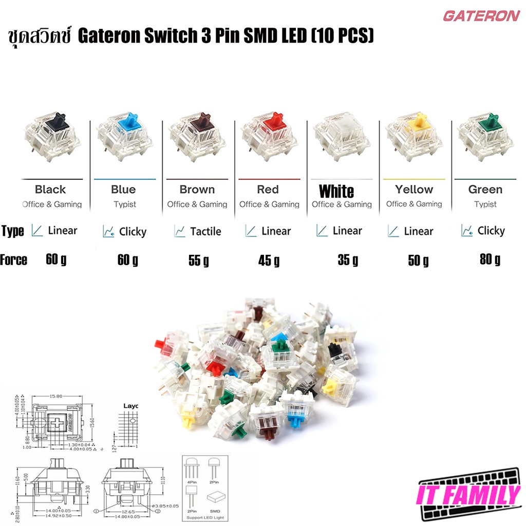 สวิตซ์คีย์บอร์ด (Keyboard Switch) Gateron Switch 3Pin/5Pin SMD LED (10 PCS) Gateron