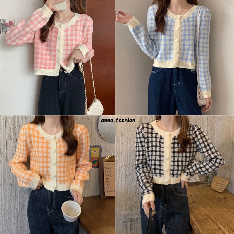 anna.fashion 8758/8K75❤️เสื้อคาร์ติแกนไหมพรม แขนยาว ลายสก็อต กระดุมหน้าสีหวานน่ารัก เสื้อคุมสก๊อตแขนยาว