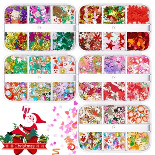 6GIRDS/1BOX Christmas Nail Art Jewelry Snowman Santa Claus Sequins Glitter Powder Nail Art Stickers Nail Accessories  Christmas Collection Nail Polish Glue Accessories