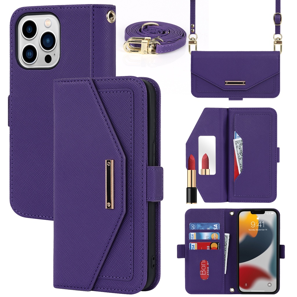 Magntic กระเป๋าสตางค์ Crossbody สําหรับ iPhone 18 17 16 15 14 Pro Max 13 12 11 XR XS Max 7 Plus หรูหราหนังพลิกกระจกแต่งหน้าสายคล้องผู้ถือบัตรปกหนังสือ