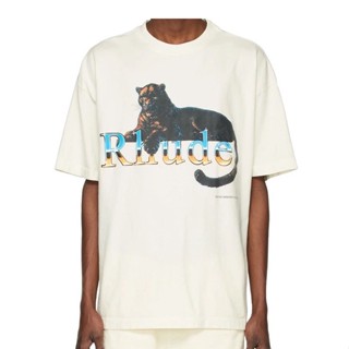 Rhude เสื้อยืดแขนสั้น พิมพ์ลายตัวอักษร black panther ไล่โทนสี สไตล์วินเทจ เรโทร เหมาะกับฤดูร้อน สําหรับผู้ชาย