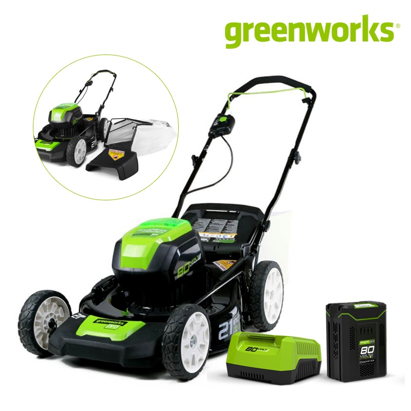 Greenworks เครื่องตัดหญ้าแบบเข็น ไร้สาย แบตเตอรี่ 80V 21 นิ้ว 3-in-1 (ครบชุด) รวมแบตฯ 4.0 แอมป์ และที่ชาร์จ Lawn Mower