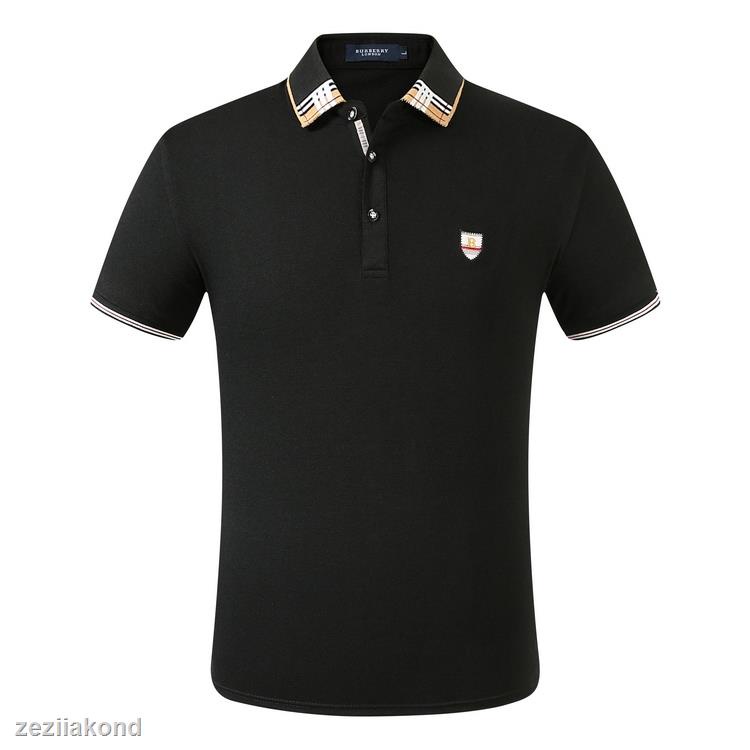 ●Men Polo Shirt Cotton Short Sleeve Polo Shirt With Bur_berry Plaid Pattern Collar Casual Shirt Business Wear #4