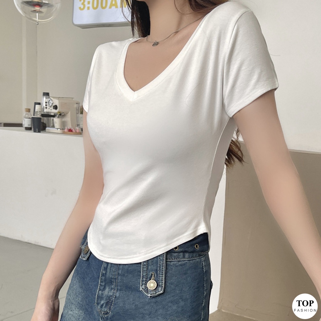 พร้อมส่งไทย ราคาถูก เสื้อยืดรุ่นชายโค้งมน แขนสั้นคอวีสีพื้น 2 สี