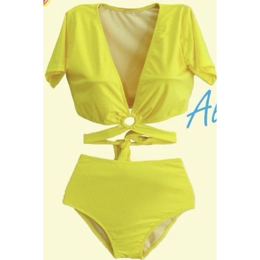 ชุดว่ายน้ำ bikini wishshop เอวสูง เก็บพุง เก็บก้น สีเขียวมะนาว (มือสอง)