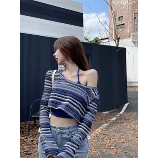 ส่งทันที Cici ❣🇹🇭🚚พร้อมส่ง❣(J256) Set 2ชิ้น สายเดี่ยวคล้องคอ+เสื้อคลุมแขนยาวลายทางจับแมทซ์ได้ง่ายๆไม่มีเอ้าท์