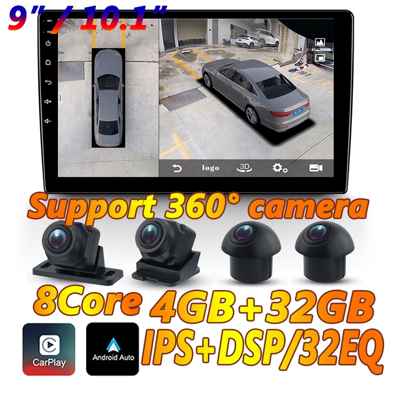 [8 Core 4GB+32GB Carplay Auto] เครื่องเล่น Android DSP 360 ระบบกล้องติดรถยนต์ IPS หน้าจอ DOUBLE DIN Carplay Android Auto 32EQ WIFI/GPS/BT