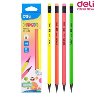 ดินสอ Deli U54600 Graphite Pencil ดินสอไม้ HB ทรง 3 เหลี่ยมสีนีออน แพ็ค 12 แท่ง