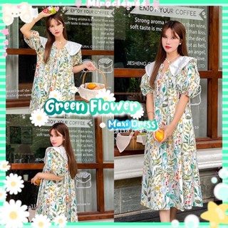 Green Flower Maxi Dress พร้อมส่ง เดรสคอบัวขาว ลายดอกไม้ ทรงปล่อย แขนตุ๊กตา เดรสลายดอกไม้ เดรสกระโปรง งานป้าย