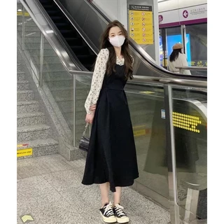 เดรสยาว แขนยาว ลายดอกไม้ สไตล์เกาหลี น่ารักมาก สําหรับผู้หญิง