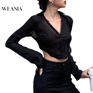 Weania เสื้อลูกไม้ คอวี แขนยาว เปิดหลัง เซ็กซี่ สไตล์สตรีท