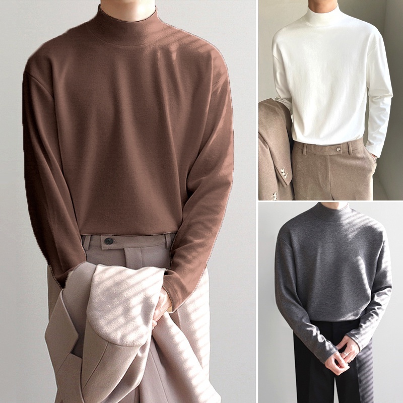 เสื้อยืดแขนยาวผู้ชาย คอกลม ผ้าฝ้าย สวมใส่สบาย สีขาว แฟชั่นฤดูใบไม้ร่วง และฤดูหนาว สไตล์เกาหลี เสื้อยืดผู้ชาย