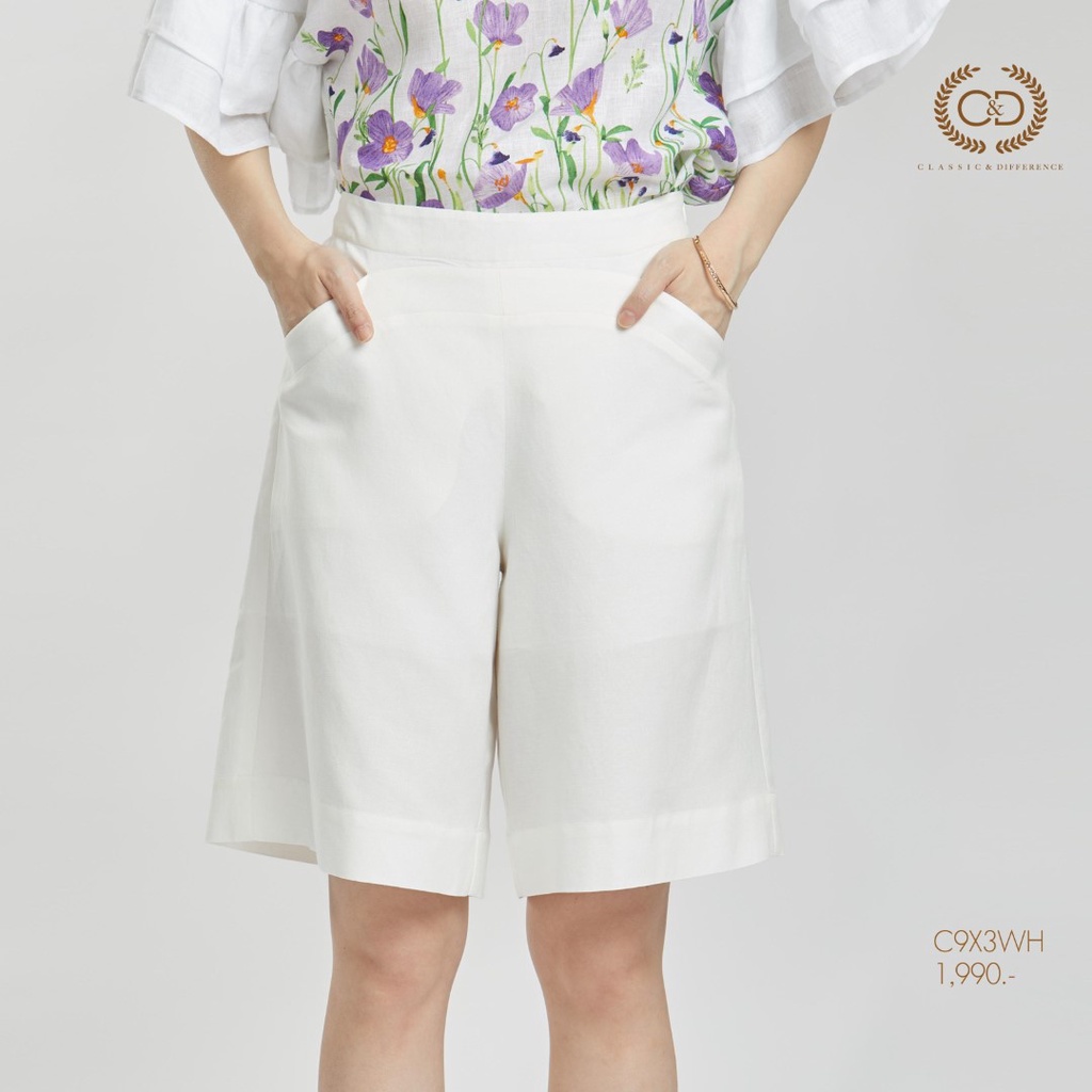 C&D  Linen Pants ทรง Short Gaucho Pants ขาสั้น2ส่วน เนื้อผ้าลินินพรีเมี่ยม สีขาว (C9X3WH)