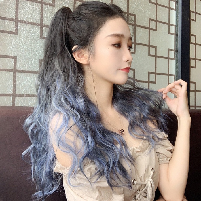 แฮร์พีชหางม้า แบบหนีบ ลอนมาม่า สีฟ้าเทา เฟดสีสวย ไหมนิ่ม รูปที่ 7