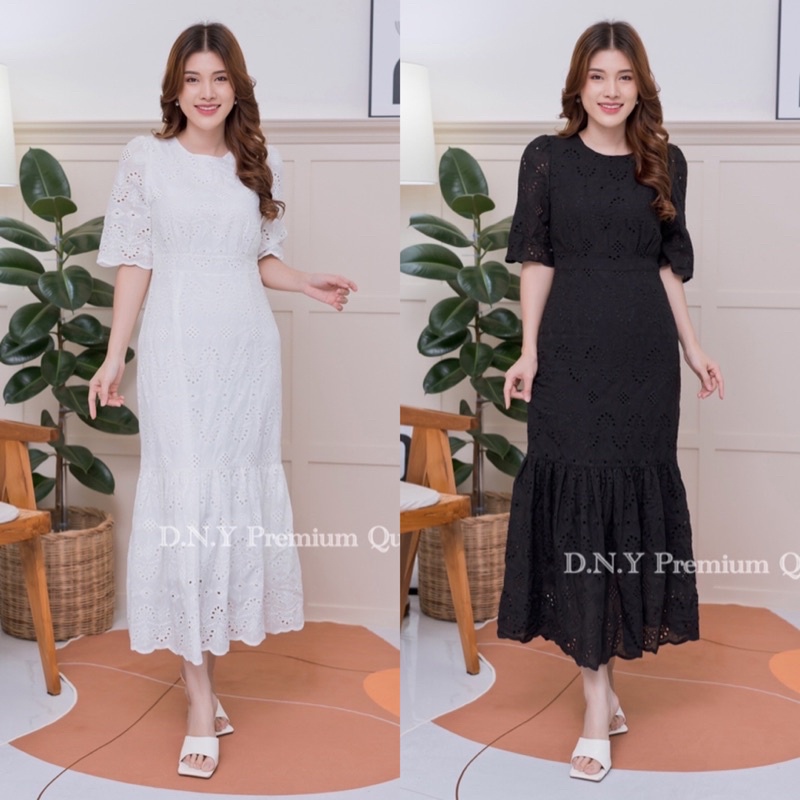 พร้อมส่ง M-2XL ป้าย DNY เดรสยาว เดรสฉลุ แต่งระบายหางปลา ผ้าดีมาก ขาวดำ