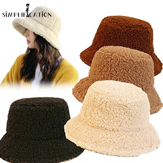 Unisex Harajuku Bucket Hat/ Solid Color Women Men Fisherman Hat/ Outdoor Autumn Winter Warm Lamb Wool Cap