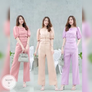 ML197  set 2 ชิ้น เสื้อแขนตุ๊กตาคอเหลี่ยม ติดกระดุมหน้า เนื้อผ้าซาร่า + กางเกงขายาว เอวสม็อคหลัง เนื้อผ้าซาร่า ใส่สบาย