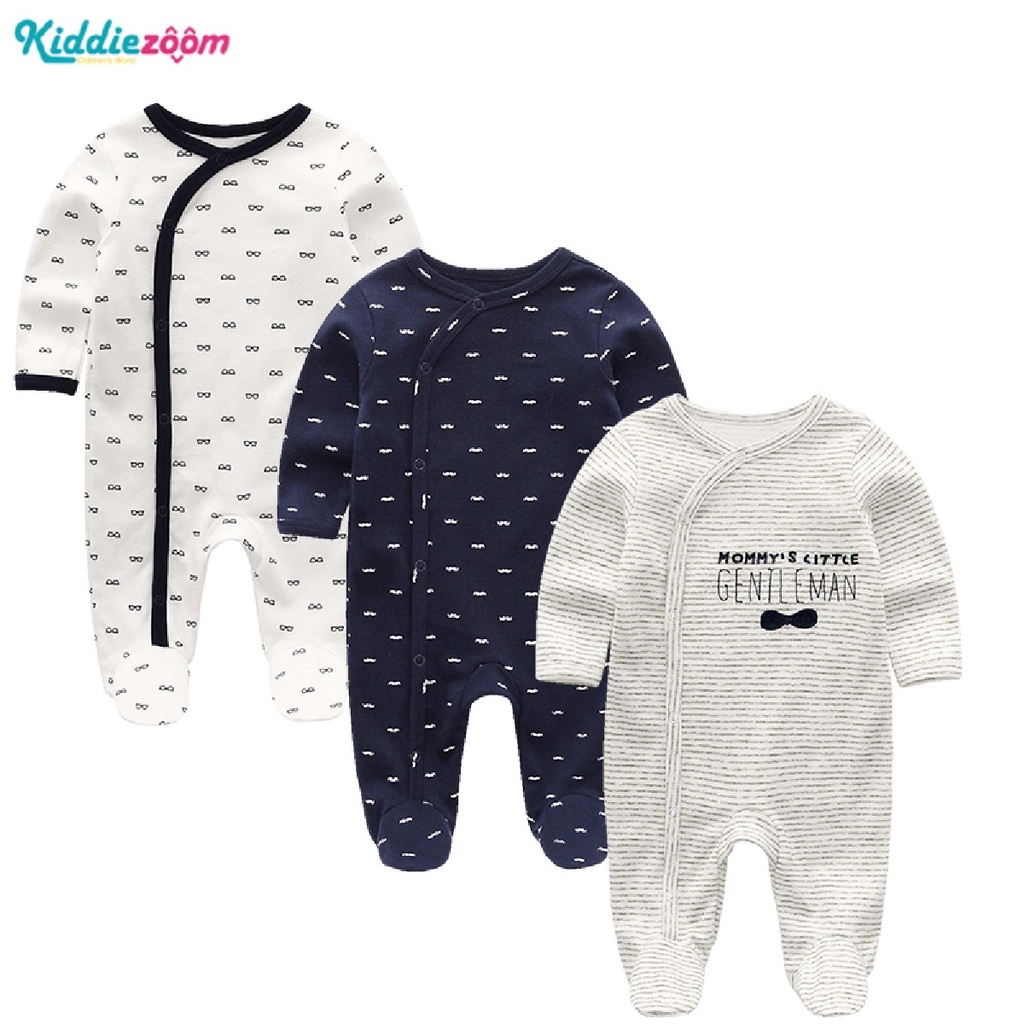 Kiddiezooom 3 ชิ้นทารกแขนยาวชุดห่อเท้าเด็กชายสาวแรกเกิด 0-1 ปีทารกผ้าฝ้ายบริสุทธิ์เสื้อผ้า