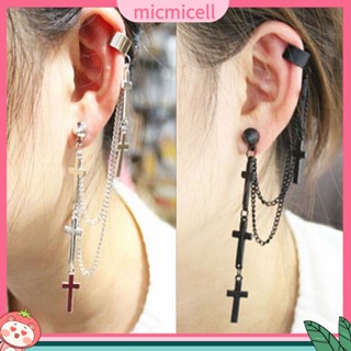 (micmicell) Gothic Punk Cross Long Tassel Chain Ear Cuff Stud Clip Earrings Fashion Jewelry