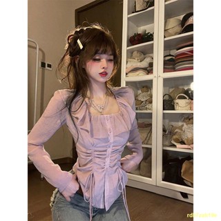 🍁มีสินค้าในสต๊อก#🌟เสื้อเบลาส์คอเหลี่ยมเอวท็อปเสื้อเชิ้ตสีชมพูใหม่