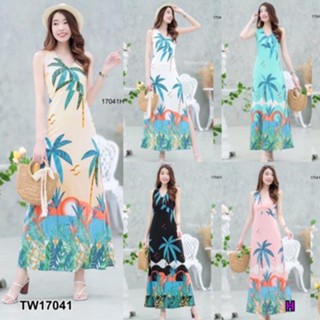 B17041 	แม็กซี่เดรสคอวีลายต้นมะพร้าว Coconut tree print V-neck maxi dress