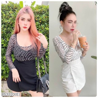 BS3220   เซตจั้มสูท จั้มแขนซีทรูผ้าตาข่ายเนื้อนิ่ม ผ้าซีทรูพิมพ์ลาย กางเกงผ้ายืดแต่งป้ายหน้า มาพร้อมสายเดี่ยวมีซองน้ำให้