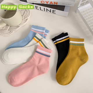 【Happy Socks】ถุงเท้าข้อยาว ผ้าฝ้าย ลายทาง แฟชั่นฤดูใบไม้ร่วง และฤดูหนาว สําหรับสตรี