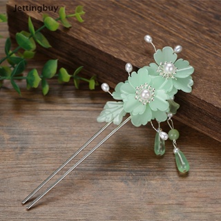 [Jettingbuy] Retro Traditional Flowers Crystal Simulated Pearls Long Tassel Hairpins Hair Stick Clips Chinese Bride Hair Accessories New Stock