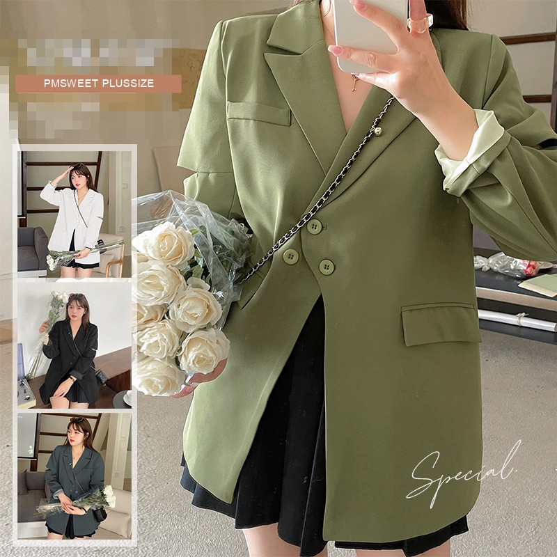 [ อกถึง 56" ] : PMP2058 : พรีออเดอร์ เสื้อผ้าไซส์ใหญ่ คนอ้วน สาวอวบ เสื้อสูท เบลเซอร์ blazer ผ่าแขนเก๋ๆ สไตล์เกาหลี