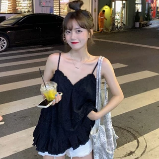 เสื้อสายเดี่ยวลําลอง คอวี แขนกุด สีพื้น สไตล์เกาหลี สําหรับผู้หญิง สายสปาเก็ตตี้ คอวี